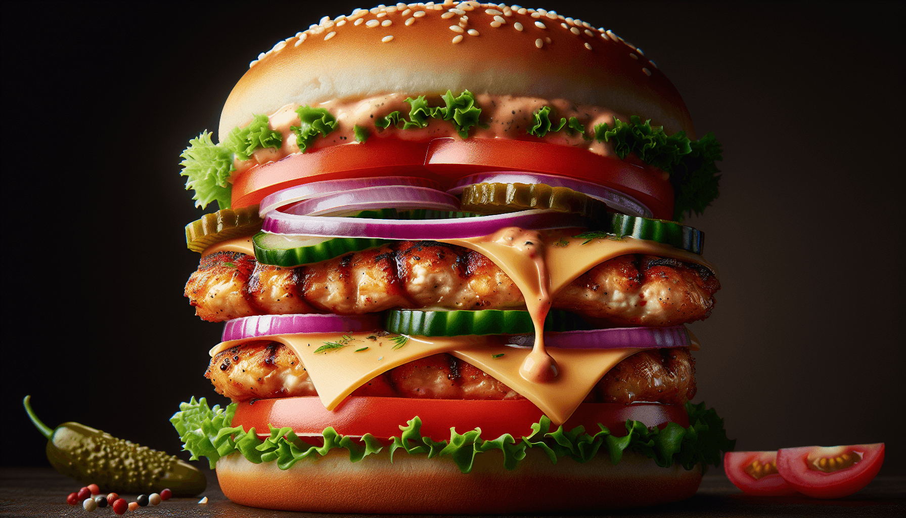 Close-up of a chicken burger with vegetables