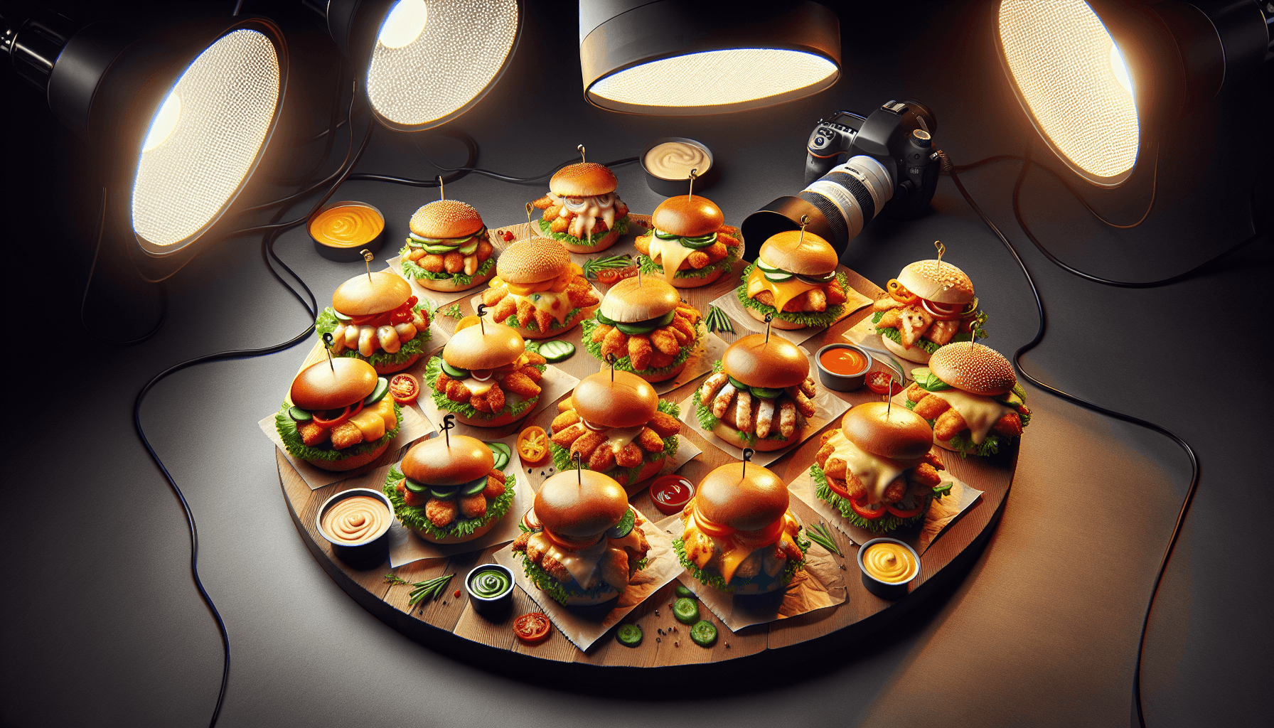 Gourmet chicken burgers on a wooden board