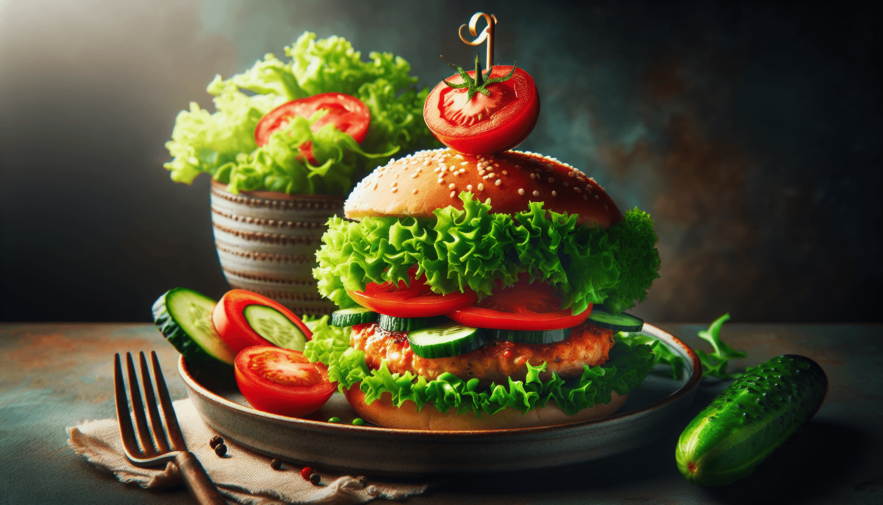 Plated chicken burger with salad