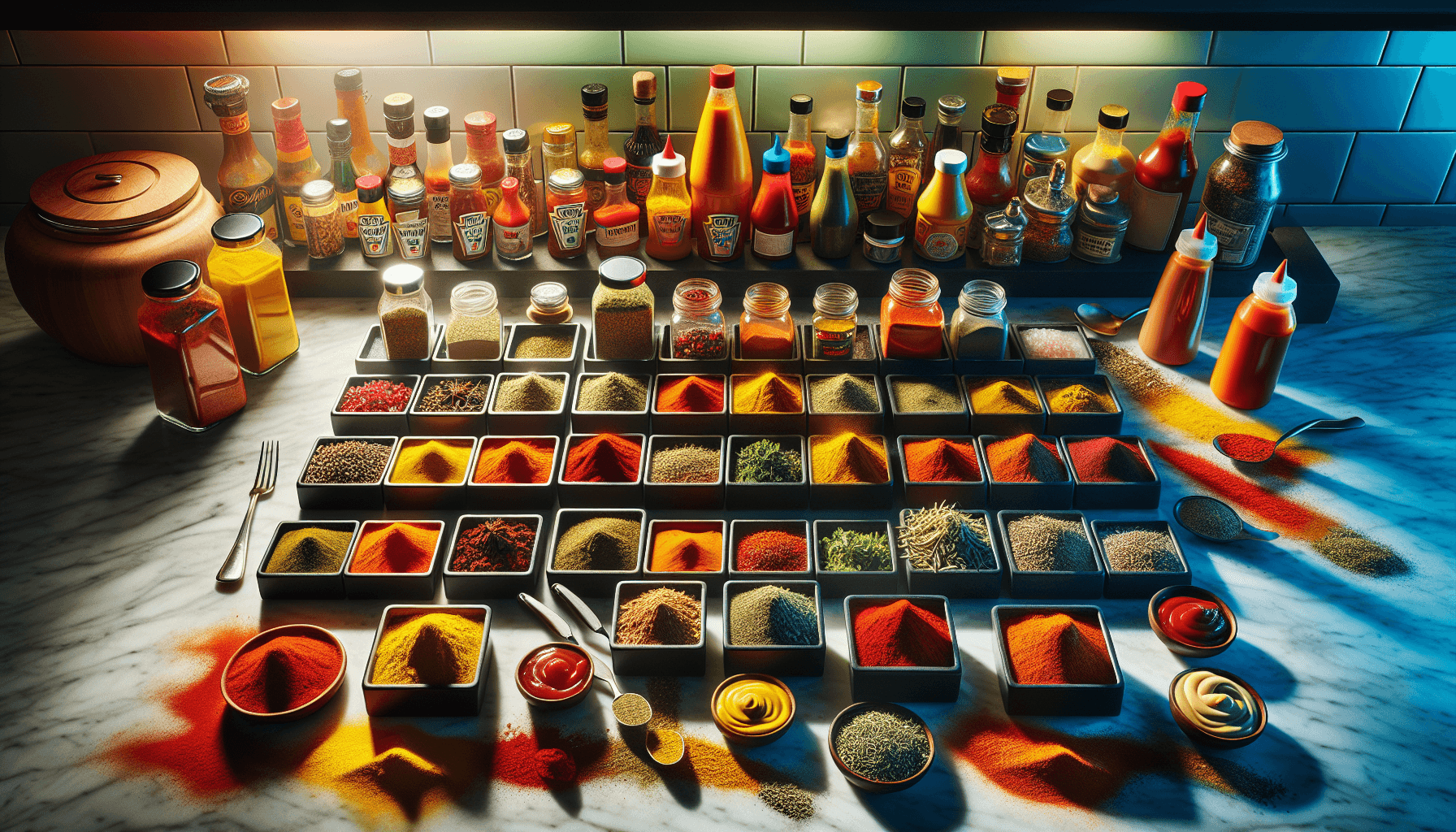 Spices and condiments on a counter